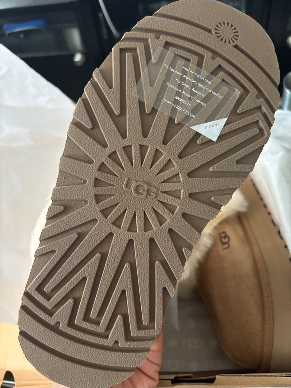 UGG Chestnut Suede Slip-On Slipper with Cream Shearling Trim - Picture 6 of 6